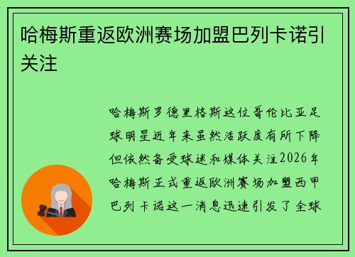 哈梅斯重返欧洲赛场加盟巴列卡诺引关注